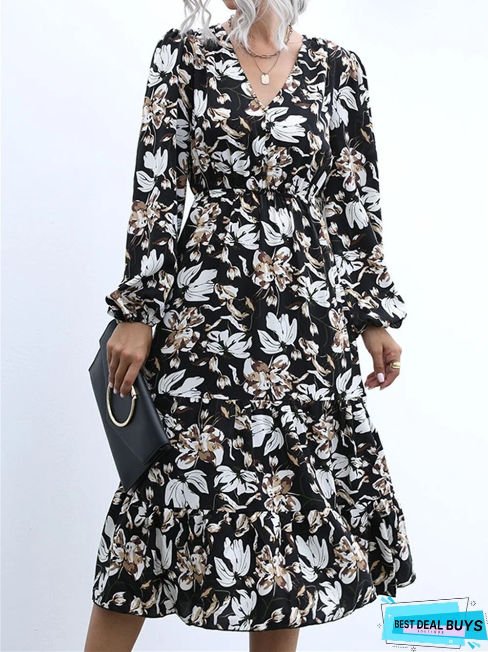 V-Neck Bubble Sleeve Printed Women's Long Sleeve Big Hem Medium Long Dress