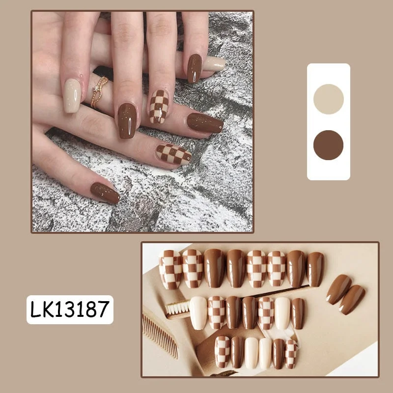 24pcs Nails Free Shipping Long Brown Press On Nails Cute Checkerboard Design Fake Nails Full Coverage Artificial For Women-Nail Inspo