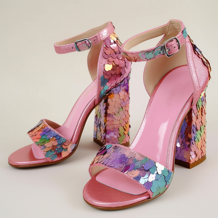 Glitter Pink Sequins Designed Opened Toe Ankle Strappy Sandals With Chunky Heels |FSJ Shoes