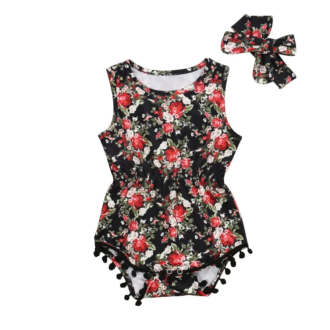 Infant Newborn Baby Girls Sleeveless Bodysuits Tassels Balls Jumpsuits Floral Playsuits +Headband