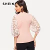 SHEIN Pink Lady Elegant Bishop Sleeve Lace Floral Appliques Rib-Knit Tee Women Spring Casual High Street Fashion Tshirt Tops