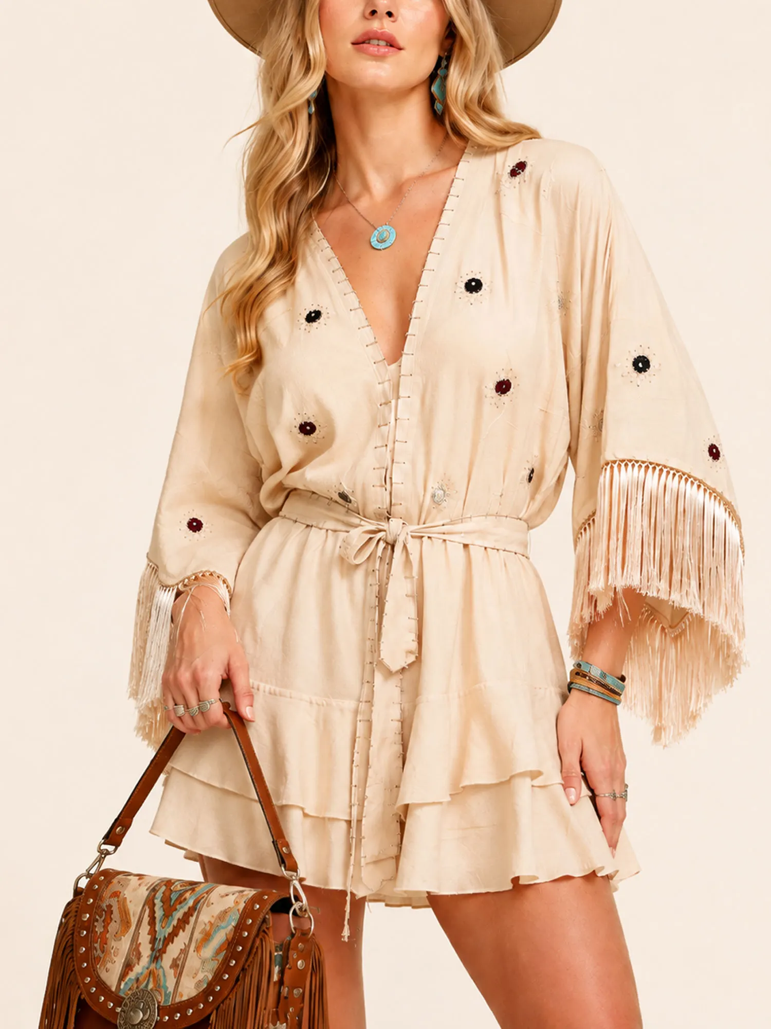 Perfect for Weekend Holiday Casual Trips &mdash; Fall 2026 Women's Belted Waist Cut, Personality Cuff Fringe Accents, Soft Comfortable Bohemian Mini Dress