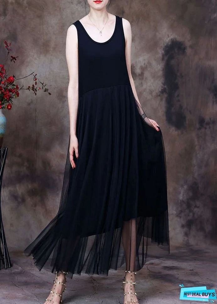 Slim Fit Solid White O-Neck Tulle Patchwork Cotton Spaghetti Strap Dress Sleeveless