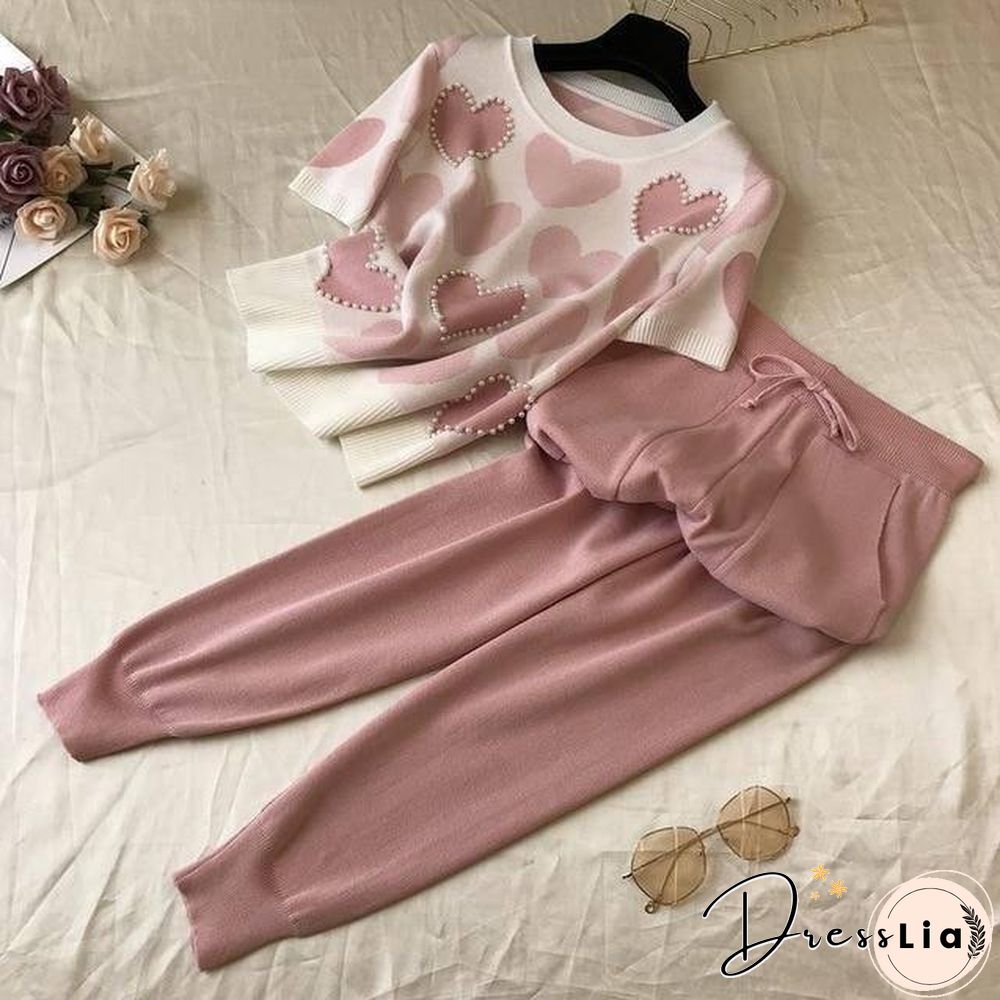Korean summer Love printed knitted 2 Peice Set Women short sleeve beading Sweater Female tops+pants Suit pink casual Tracksuit