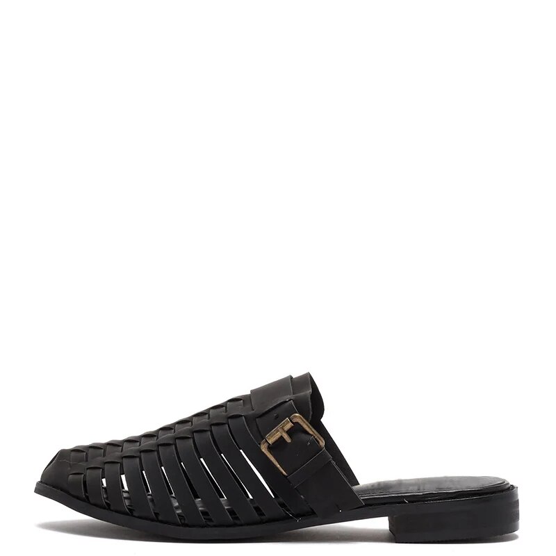 TAAFO Black Mules Outside Women Slippers Flat Heels Round Toe Ladies Woven Vamp Shoes
