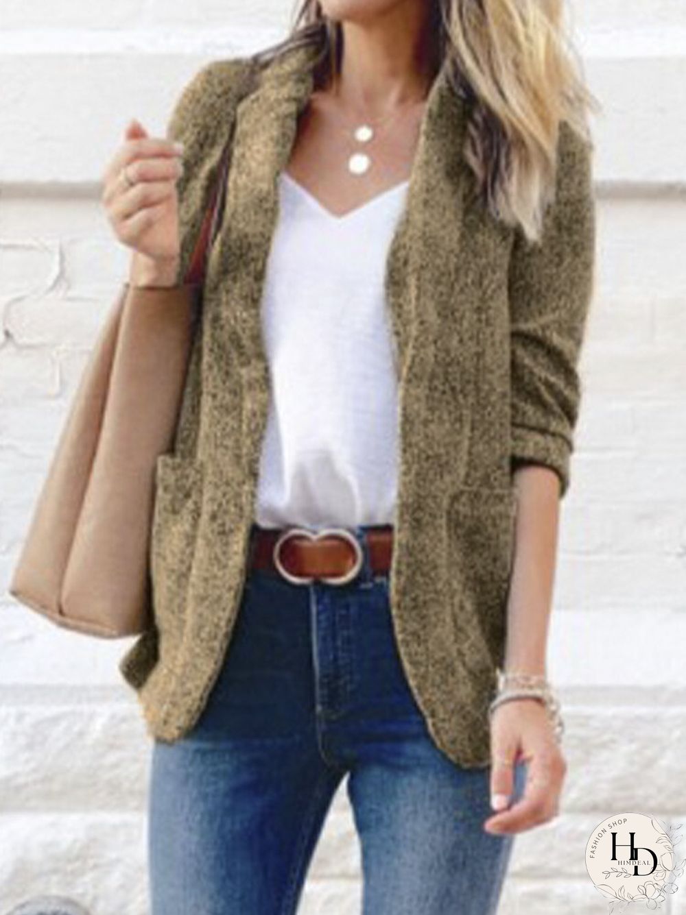 Solid Color Long Sleeve Lapel Collar Pocket Blazer For Women
