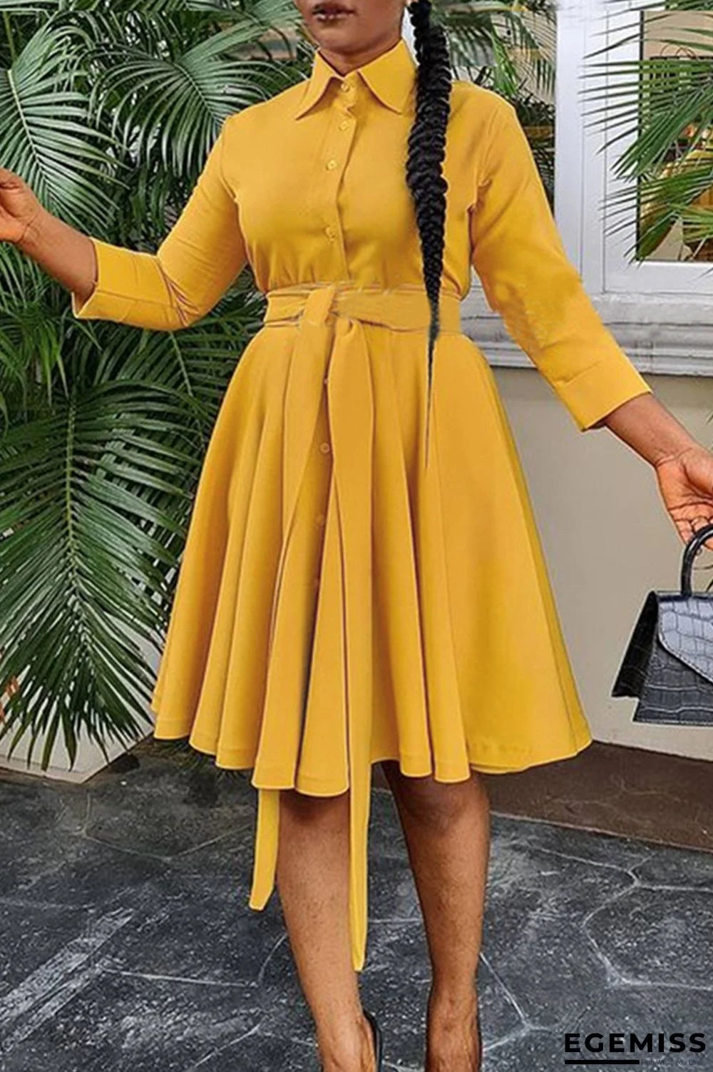 Yellow Fashion Casual Solid Basic Turndown Collar Long Sleeve Dresses | EGEMISS