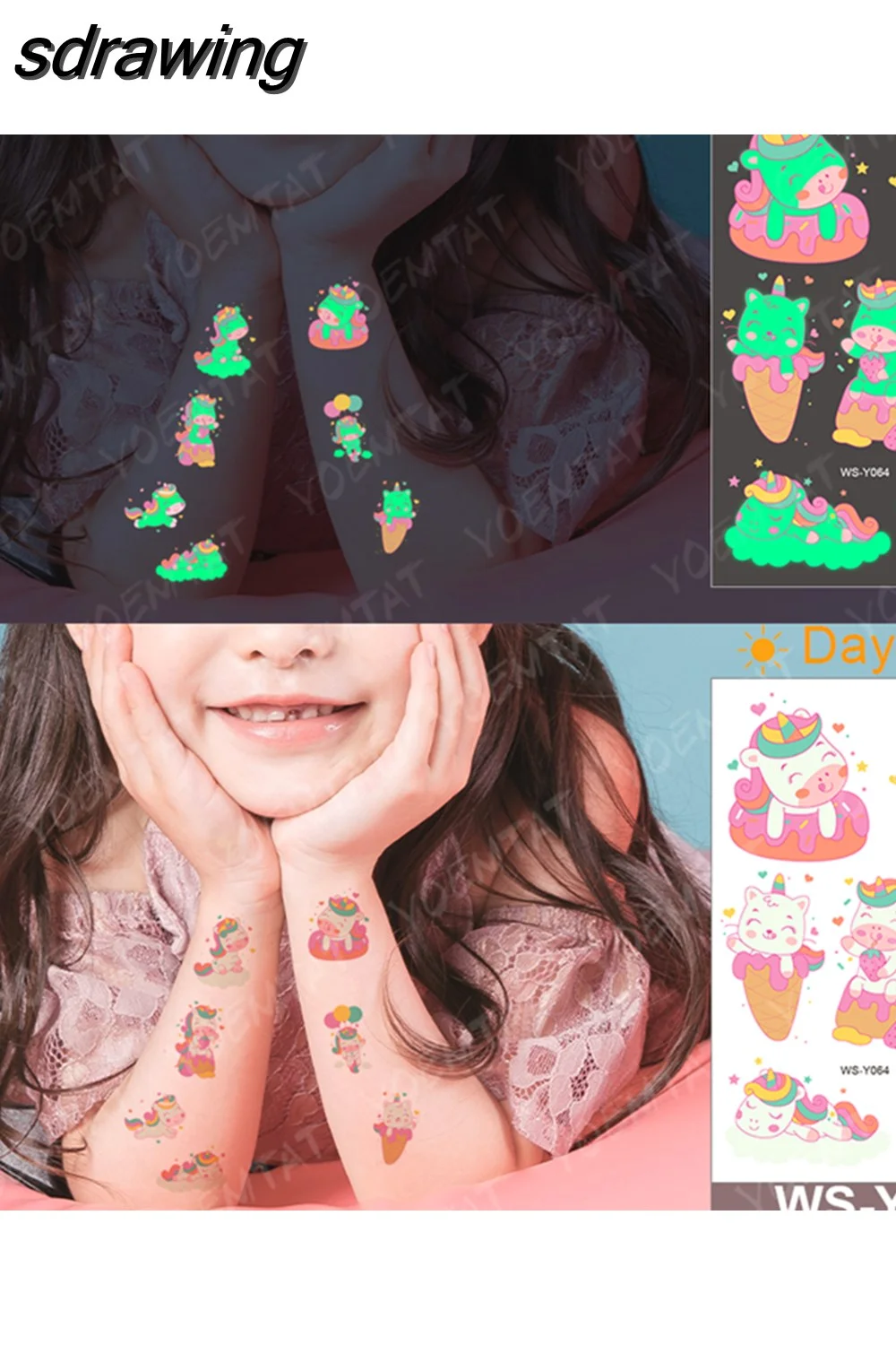 sdrawing Waterproof Temporary Tattoo Woman Sticker Panda Tiger Cute Animal Glowing Tatto Boy Girl Baby Child Kid Flash Fake Tato