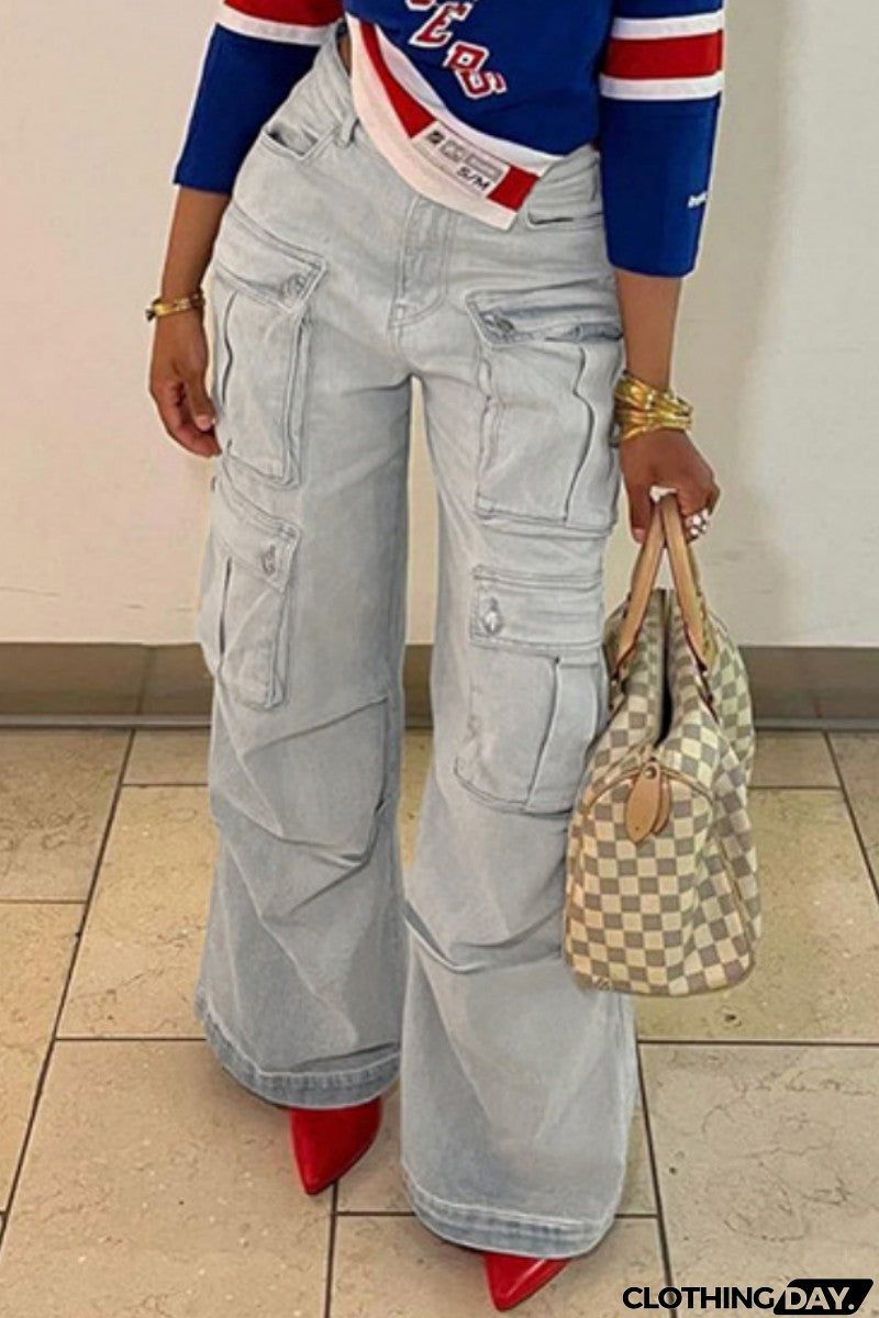 Casual Solid Patchwork High Waist Regular Denim Jeans