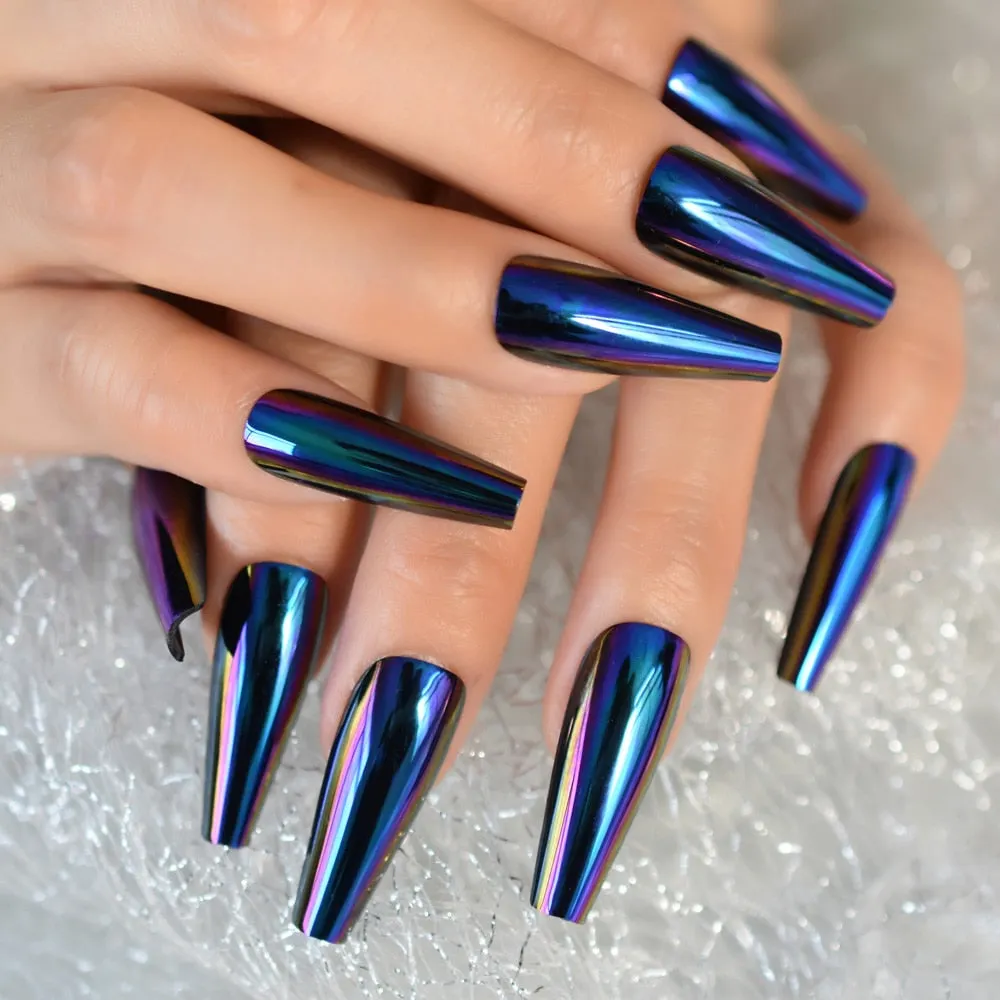 Holographic Electroplating Discoloration Reuseable Extra Long Nails Coffin Press On Dedachable Nails False Nails Tip EchiQ 24PCS-Nail Inspo