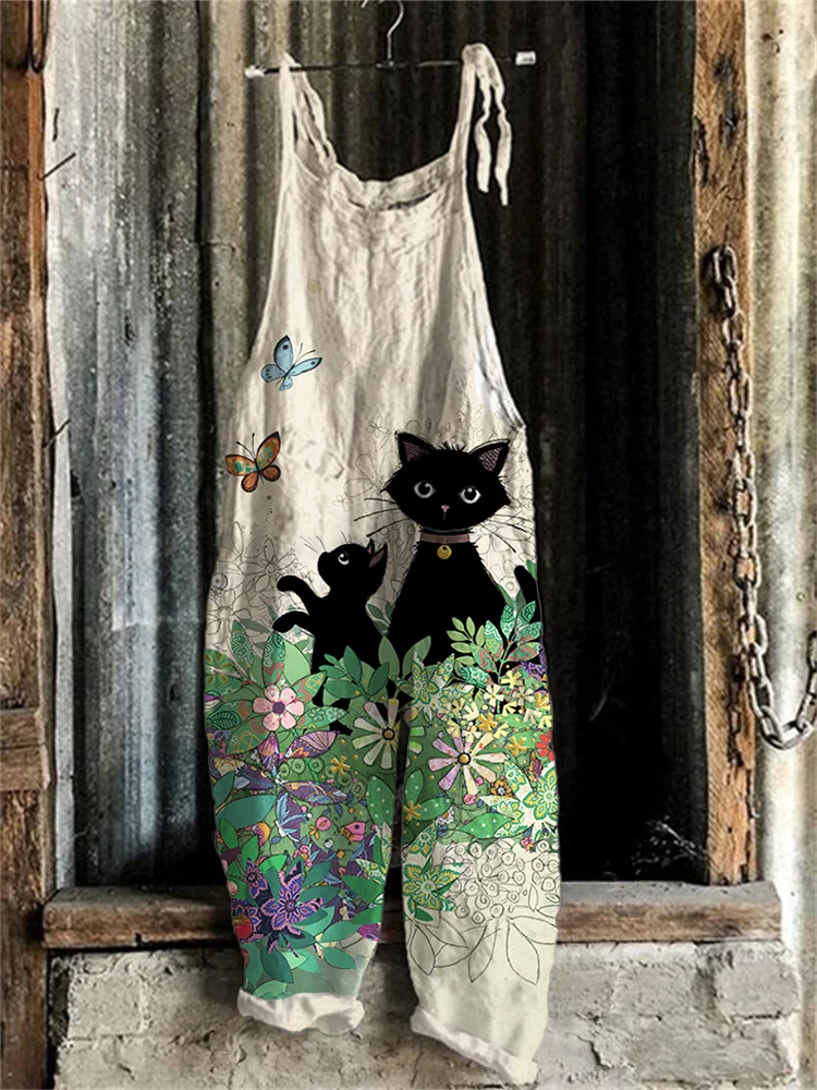 Black Cats in Nature Fiber Art Loose Fit Jumpsuit