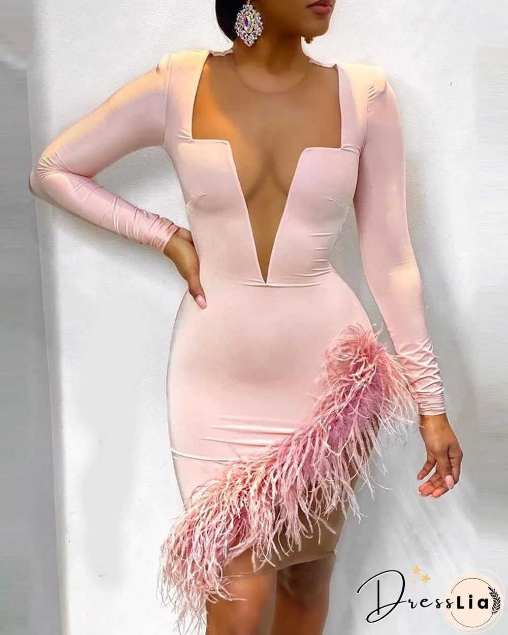 Fluffy Trim Cutout Sheer Mesh Bodycon Dress