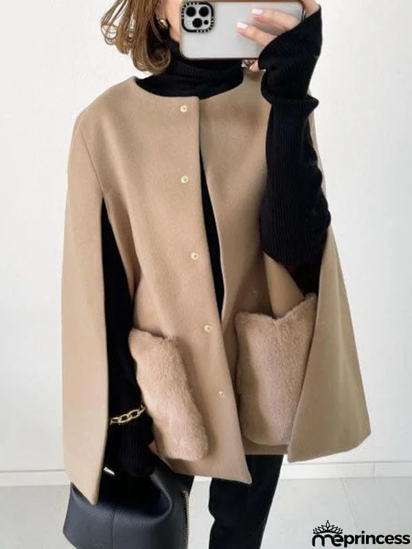 Loose Sleeveless Pockets Split-Front Split-Joint Round-Neck Woolen Coat