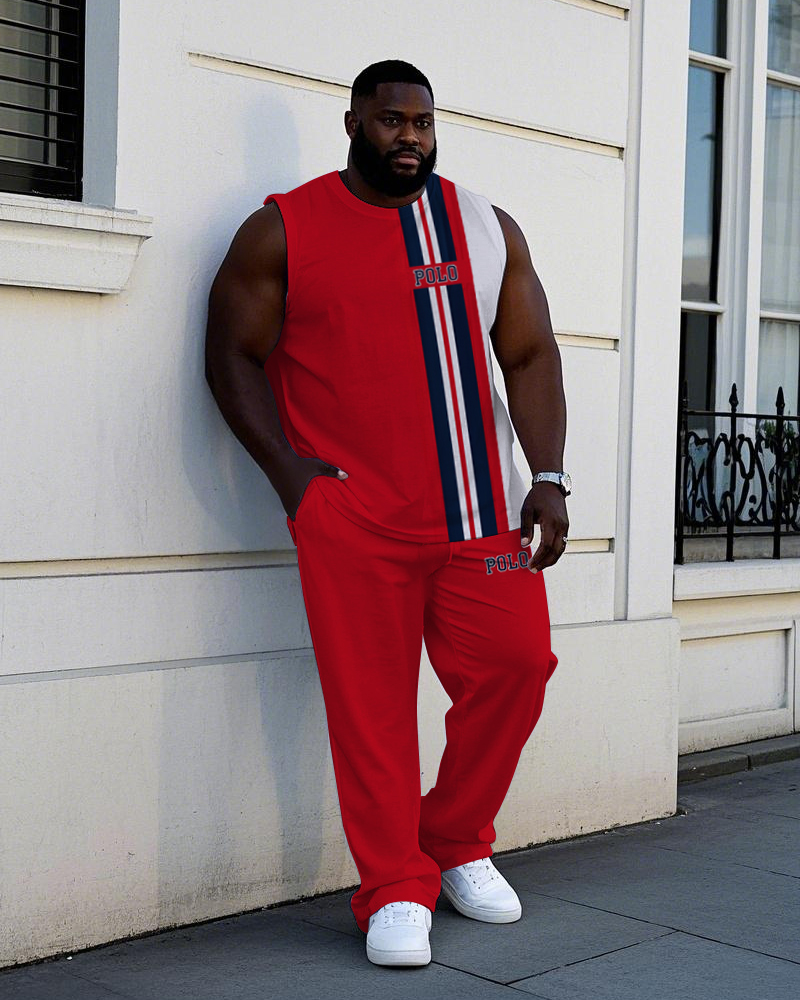 Big Men's Simple Black Stripe Color Block Letter POLO Printed Sporty Casual Vest and Pants Set