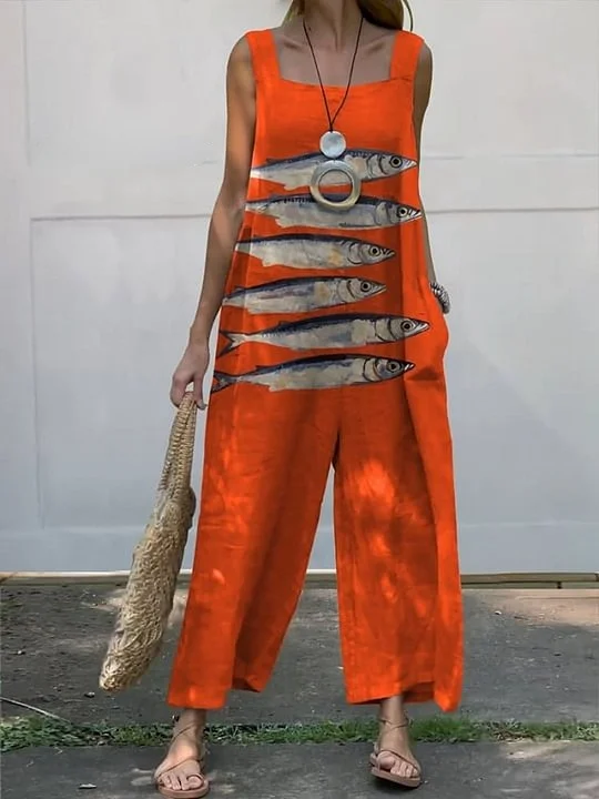 Women's Vintage Lovely Fish Art Print Casual 100% Cotton Wide Leg Jumpsuit