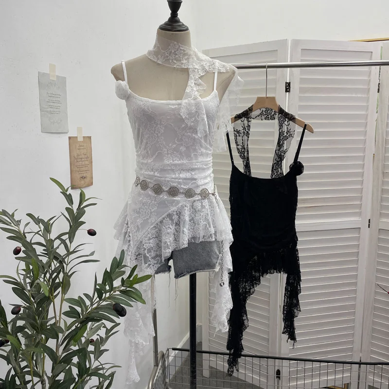 Nigikala Nigikala Shooting Lace Suspension Sheaf Vest Women's Summer Thin Irregular Lotus Leaf-Side Ribbon Slime Blouse 11851