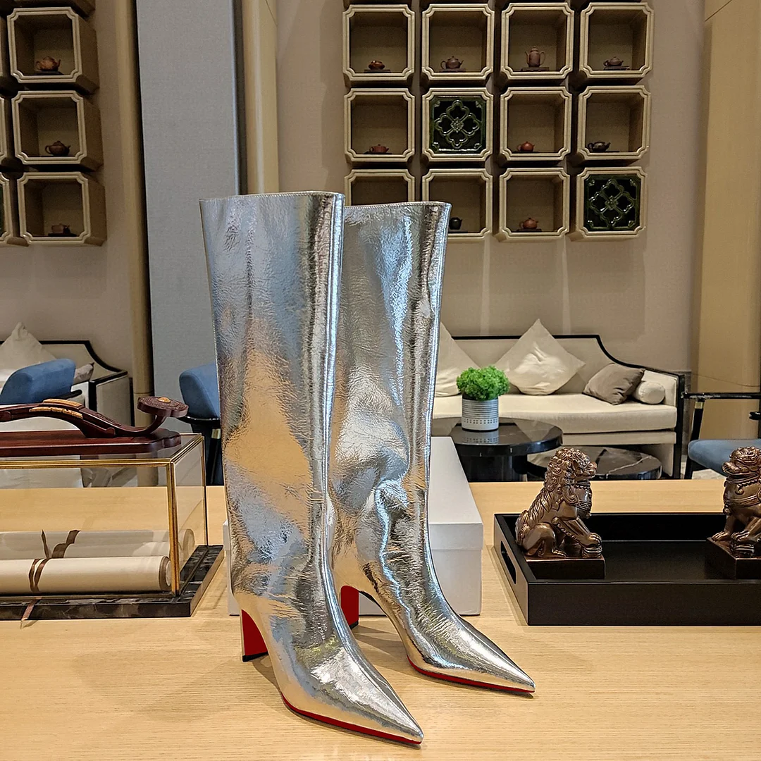 85mm Women's Pointed Toe Thick Heel Boots Knee High Red Bottom Boots-MERUMOTE