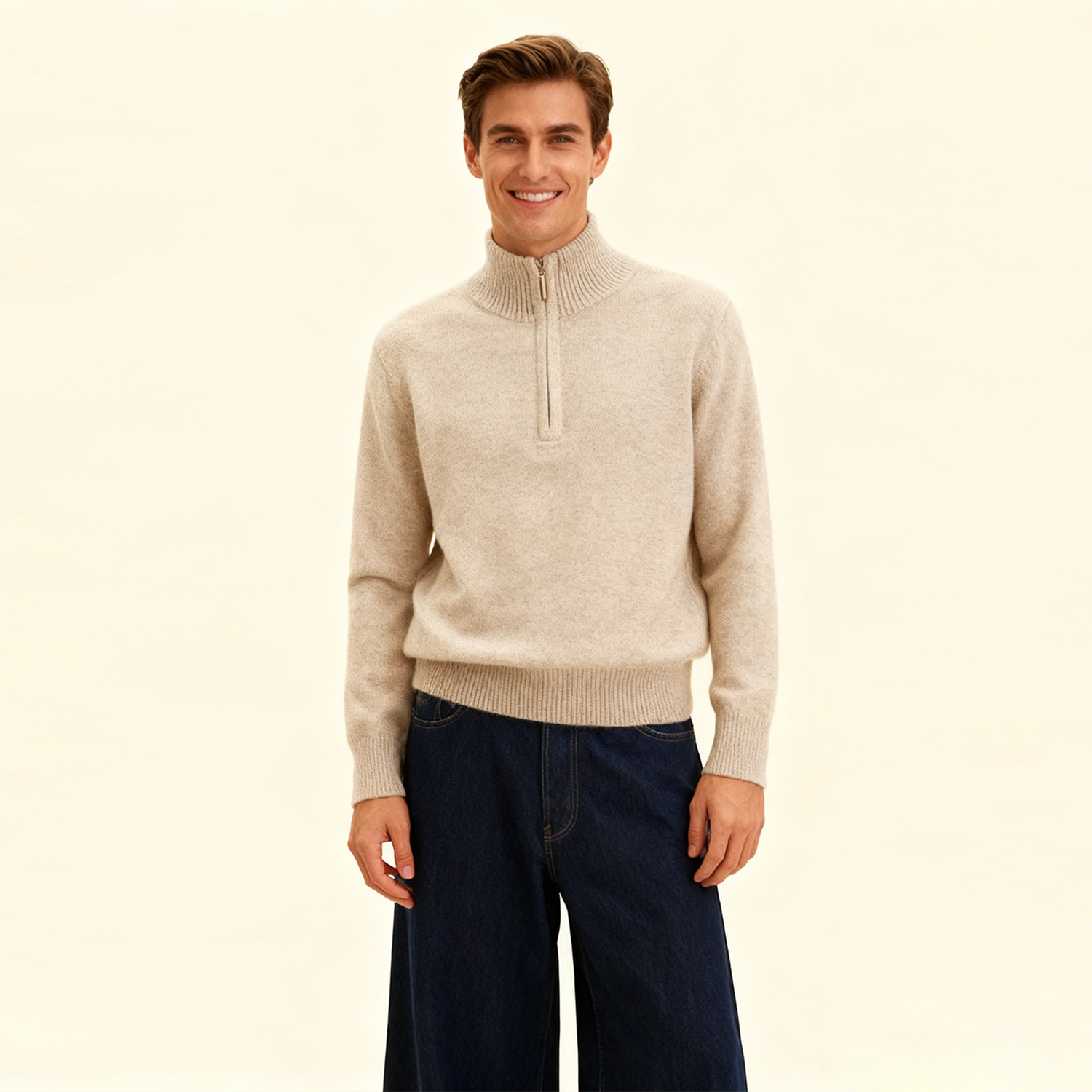 Men's Mock Neck Zip-Up Cashmere Sweater REAL SILK LIFE