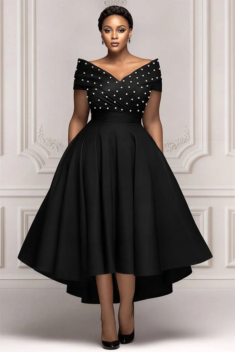 Xpluswear Design Plus Size Formal Black Wrap Neck Short Sleeve Asymmetric Hem Irregular Hem Pearls Satin Midi Dresses [Pre-Order] 2024 - Xpluswear