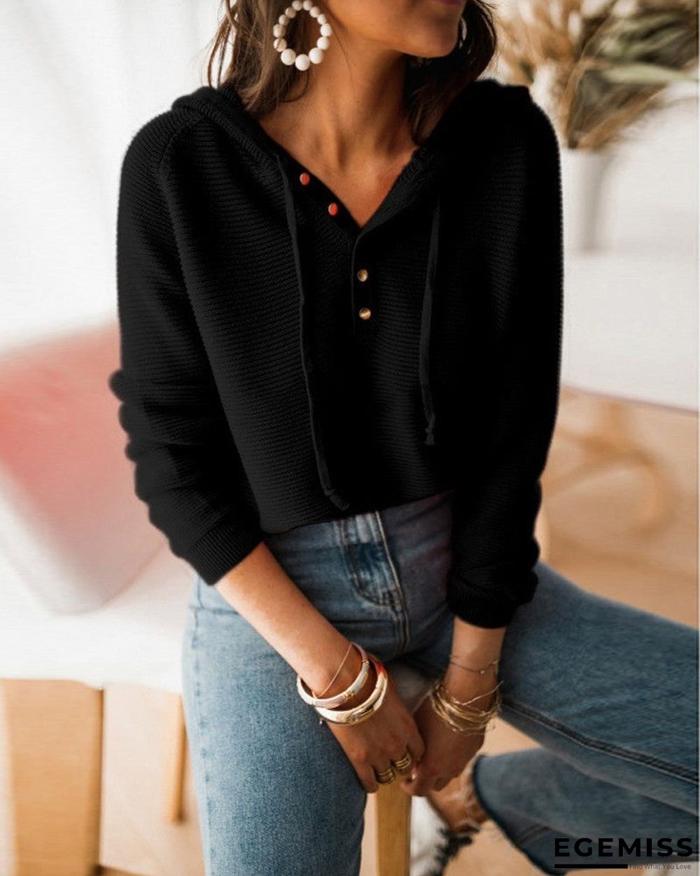 Button Front Drawstring Hooded Sweater | EGEMISS