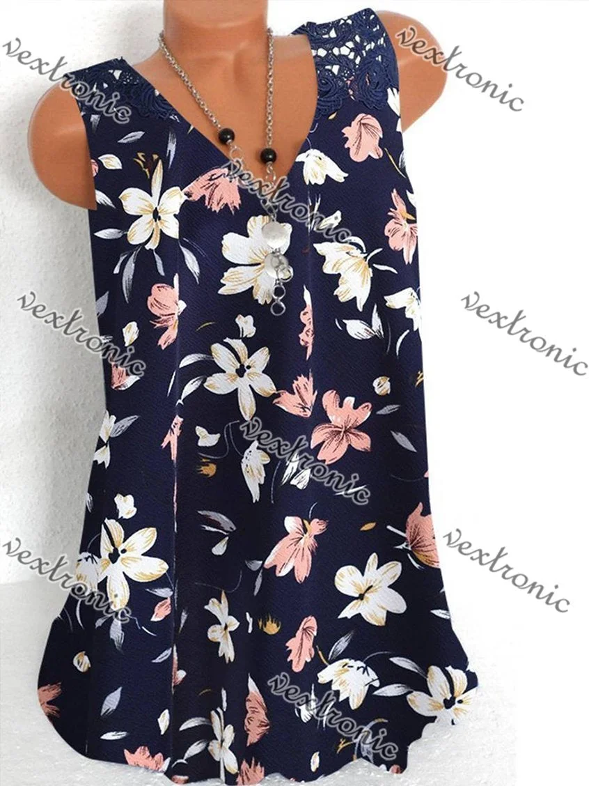 Women's Sleeveless V-neck Floral Printed Lace Stitching Shirt Top