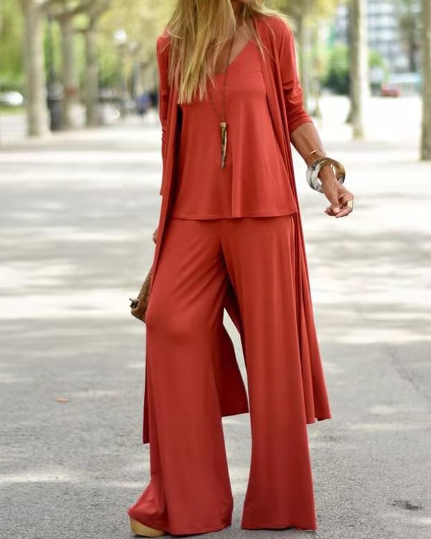 Fashionable loose three-piece V-neck suspenders + straight trousers + long cardigan