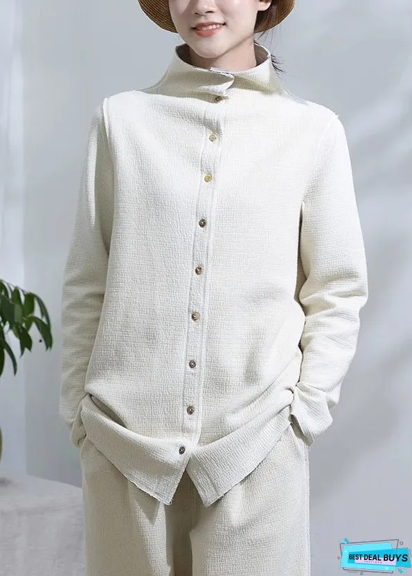 Unique White Stand Collar Button Patchwork Cotton Coats Fall