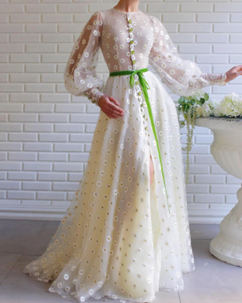 evening gown tulle print slit maxi dress