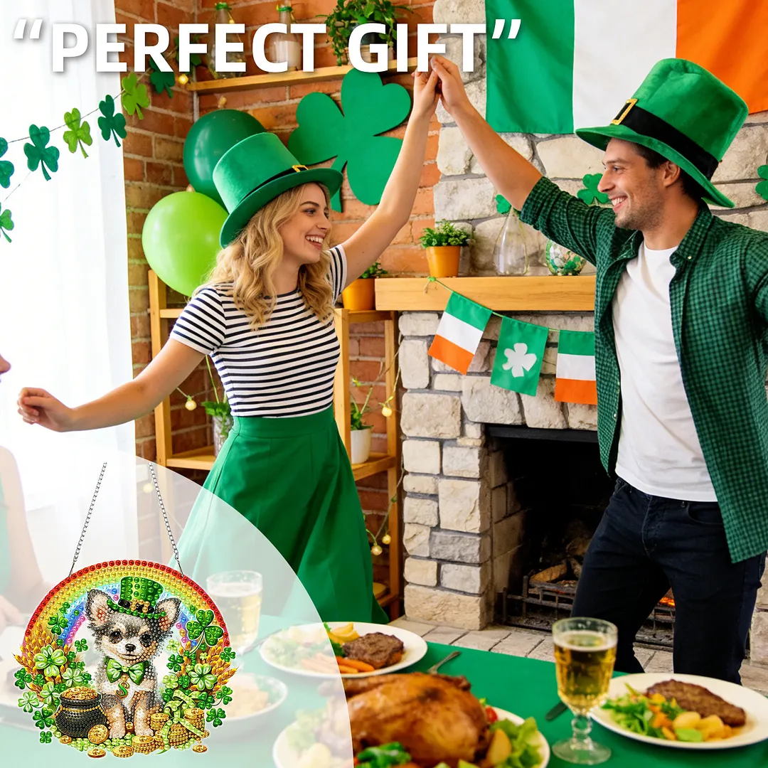 St Patricks Day Dog DIY 2D Flat Acrylic Diamond Painting Kits 5D Diamond Art Painting Window Pendants for Home Garden Wall Decoration