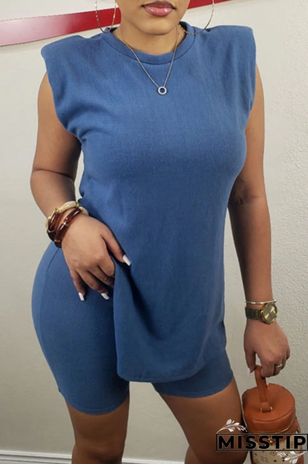Blue Fashion Casual Solid Slit O Neck Sleeveless Two Pieces