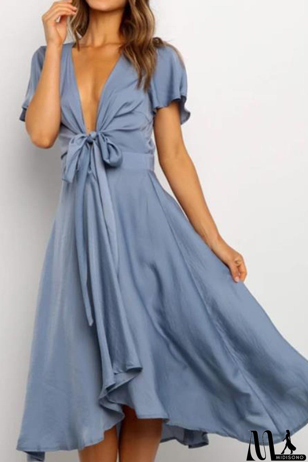 MidiSono - Deep V Neck Flutter Sleeve High Waist Flare Midi Dress