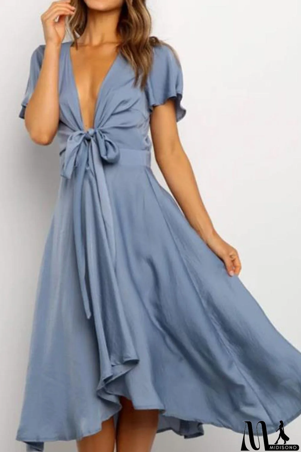 MidiSono - Deep V Neck Flutter Sleeve High Waist Flare Midi Dress