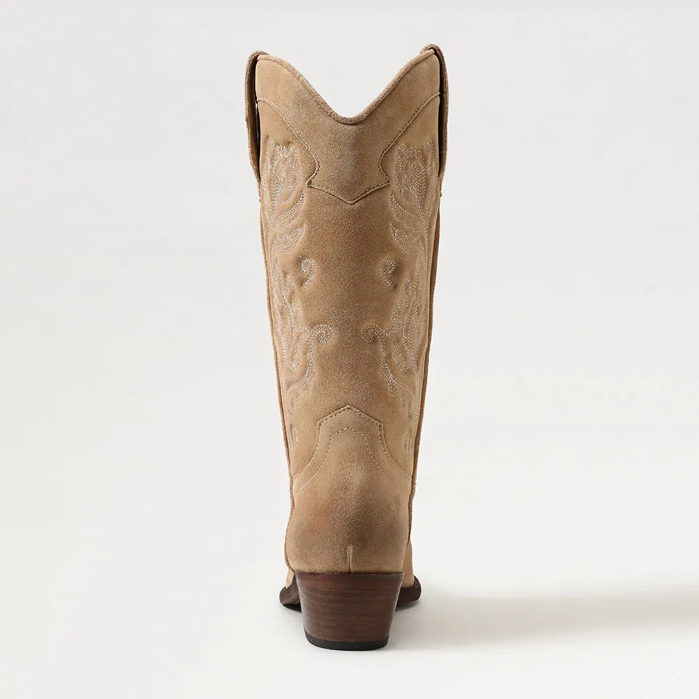 Khaki Closed Toe Block Heel Floral Embroidered Mid Calf Cowgirl Boots