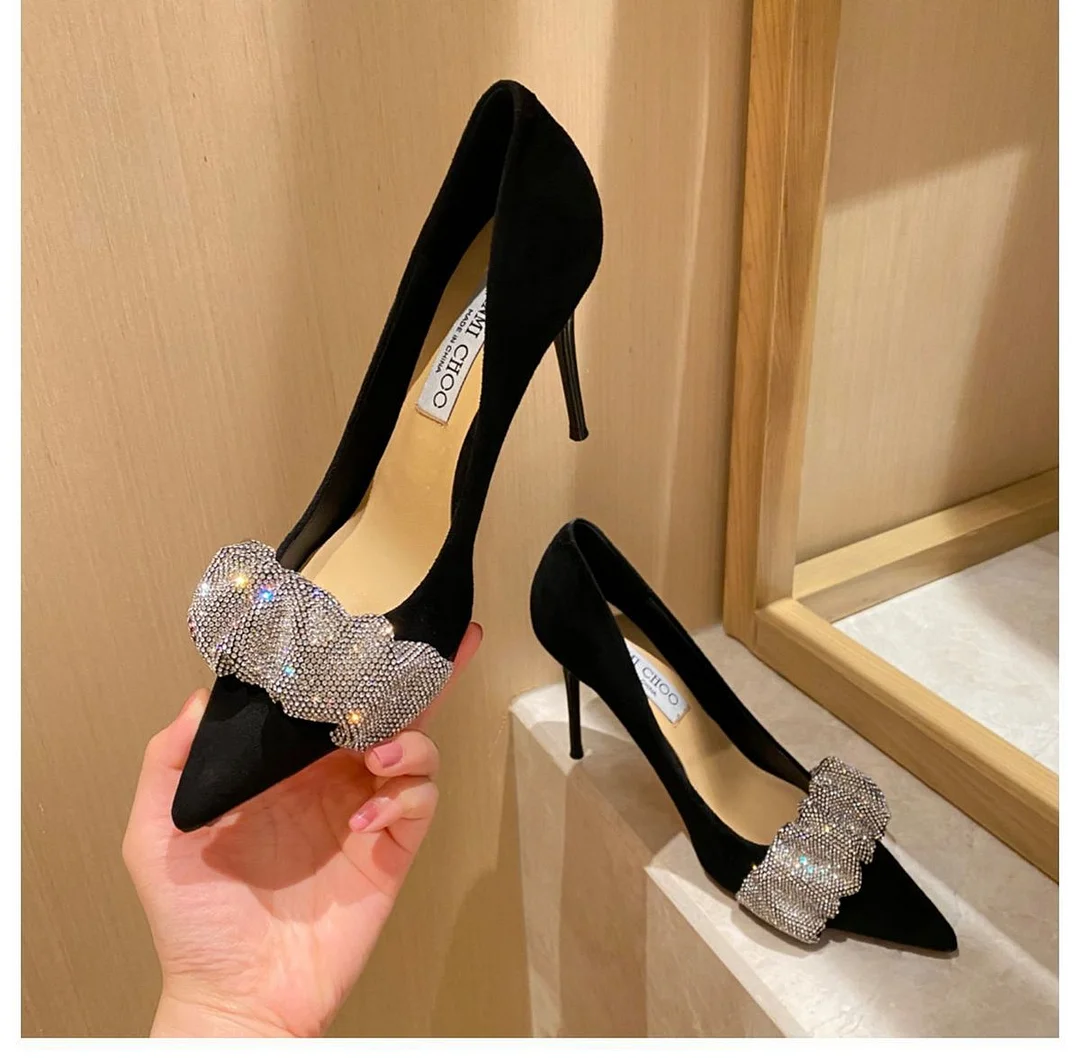 Autumn Shallow Mouth Satin Black Pointed Toe High Heels Pumps Fairy Bowknot Rhinestone Stiletto Temperament Wedding Dress Shoes