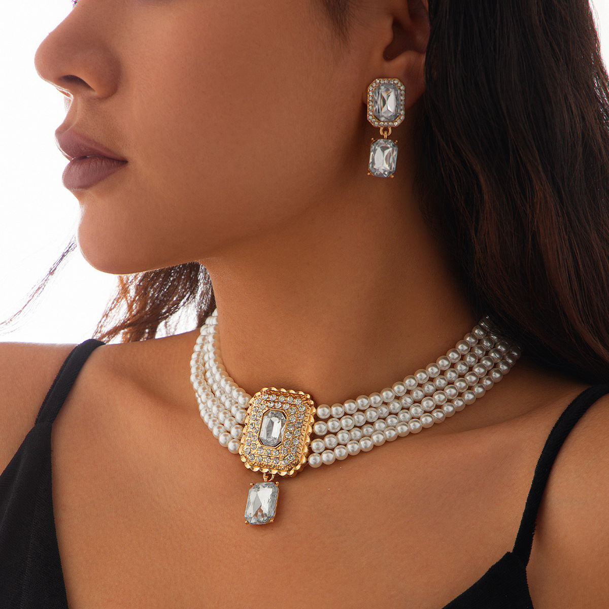 Fashionable Green And Gold Rhinestone Multi-Layer Imitation Pearl Two Piece Jewelry Set 2024 - Flycurvy 