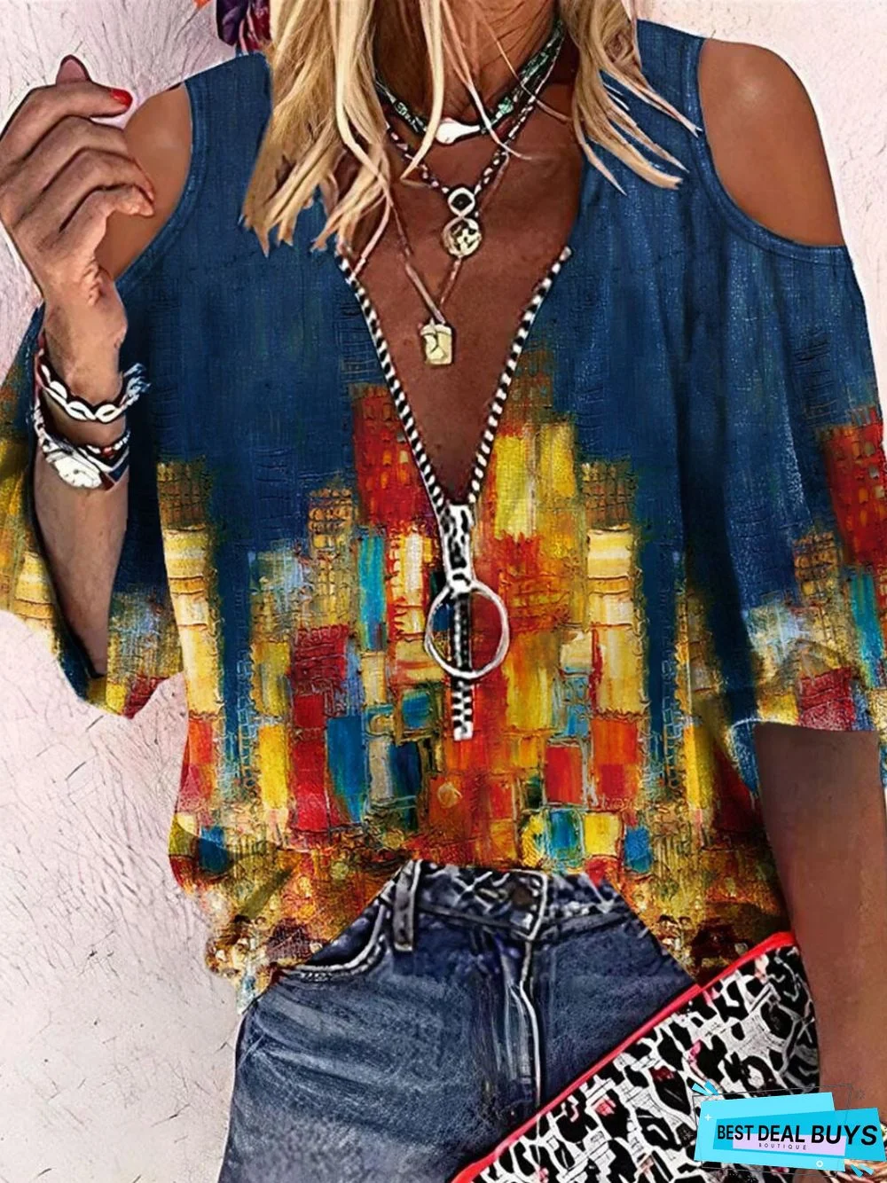 Casual Abstract Three Quarter V Neck Printed Top