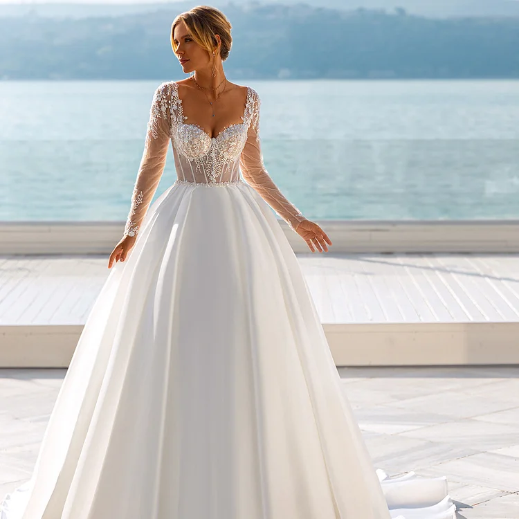 Illusion Long Sleeve Appliques Wedding Dress Ball Gown Sweetheart Bridal Gowns