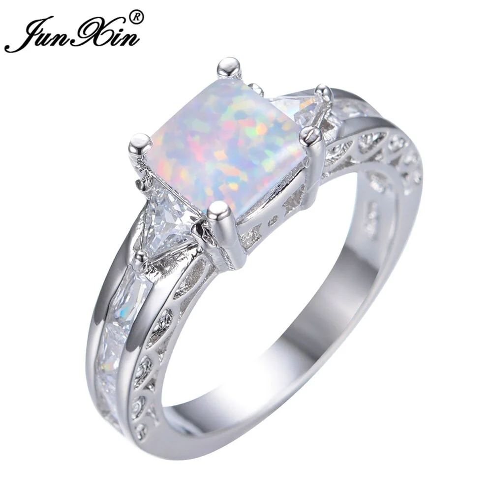JUNXIN Geometric Design White Fire Opal Stone Ring Fashion Simple Finger Ring Vintage Wedding Rings For Men And Women