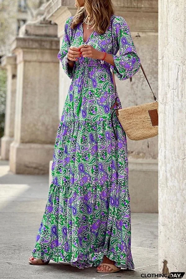 Boho Paisley V Neck Long Sleeve Maxi Dress