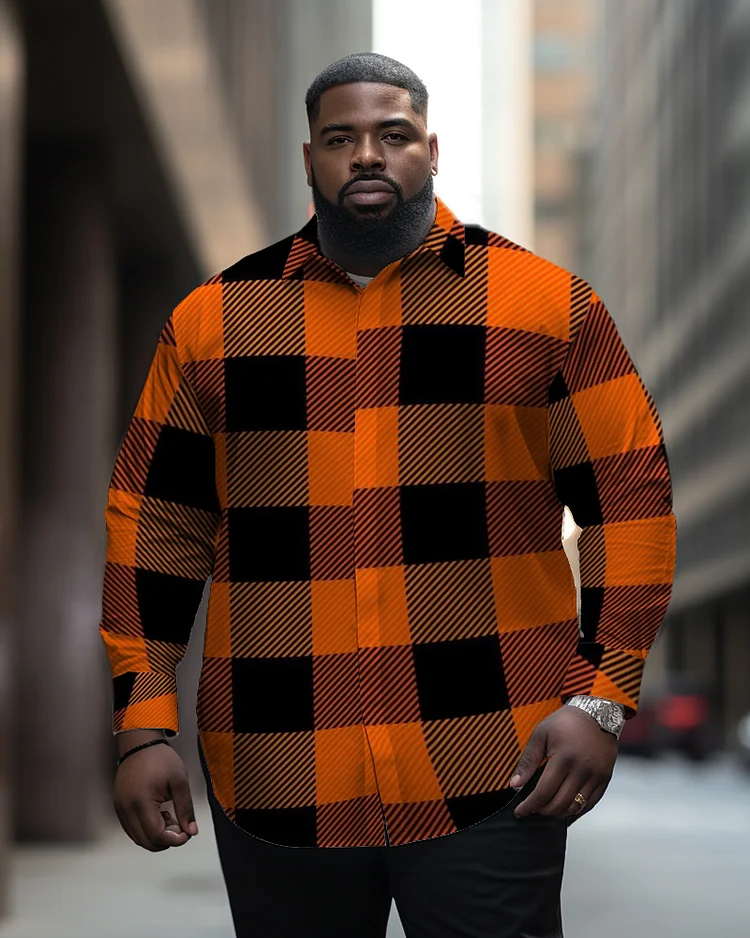 Plus Size Casual Men's Orange Check Long Sleeve Lapel Long Sleeve Shirt