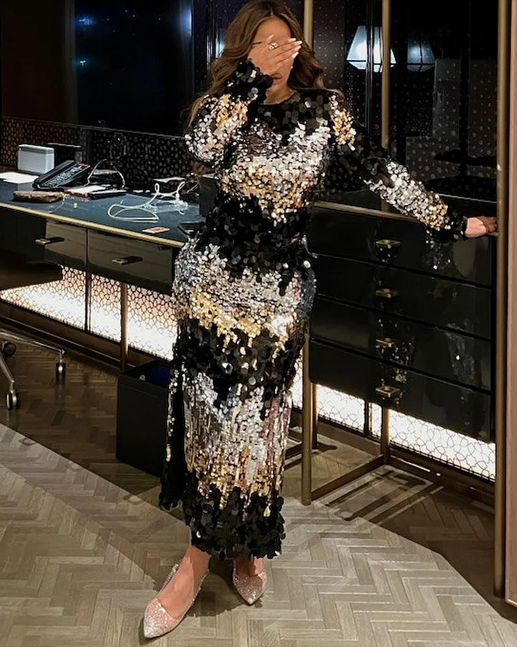 Women's Round Neck Long Sleeve Sequin Dress