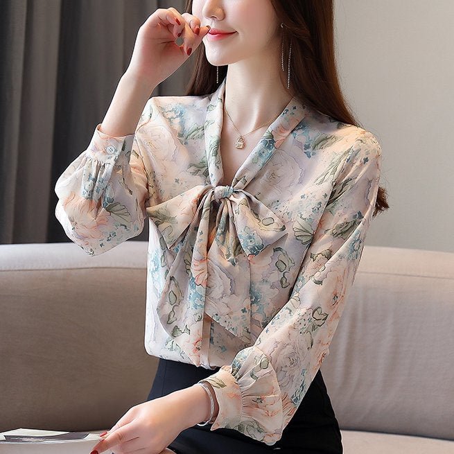 As Picture Floral Printed Long Sleeve Shift Shirts & Tops