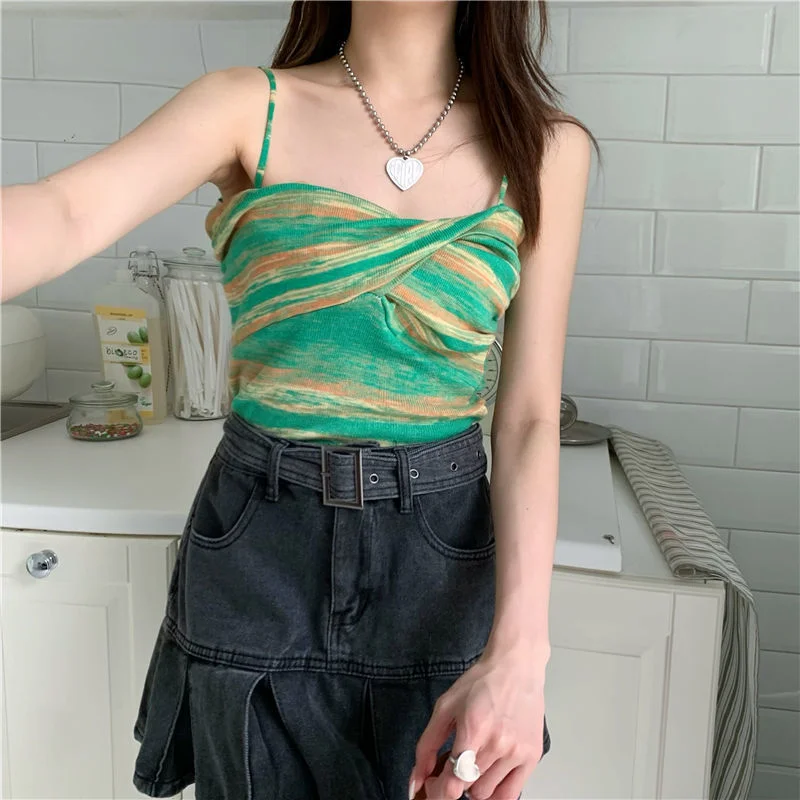 Uveng Uveng Sense Of A Small Color Stripe Small Sling Vest Women In The Summer 2023 Short Sexy Knitting Blouse Tide