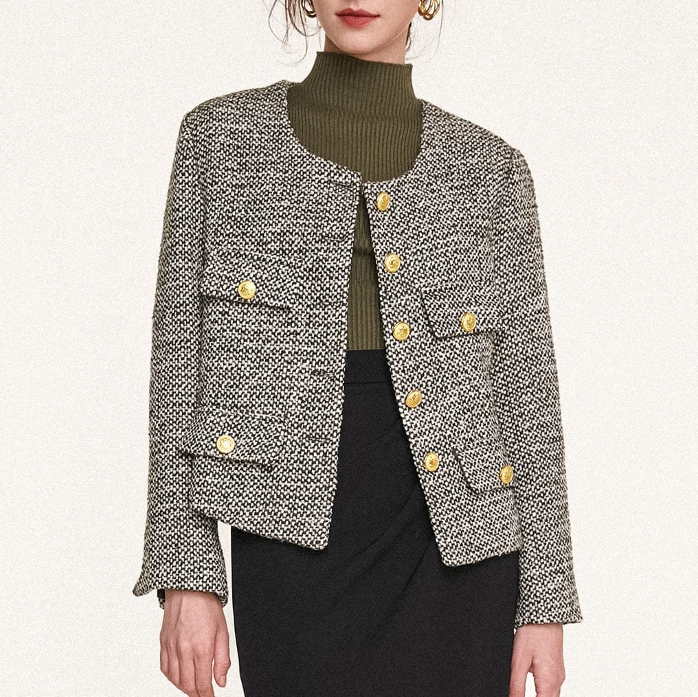 Dark Olive Green Button-Up Tweed Jacket With Gold Buttons