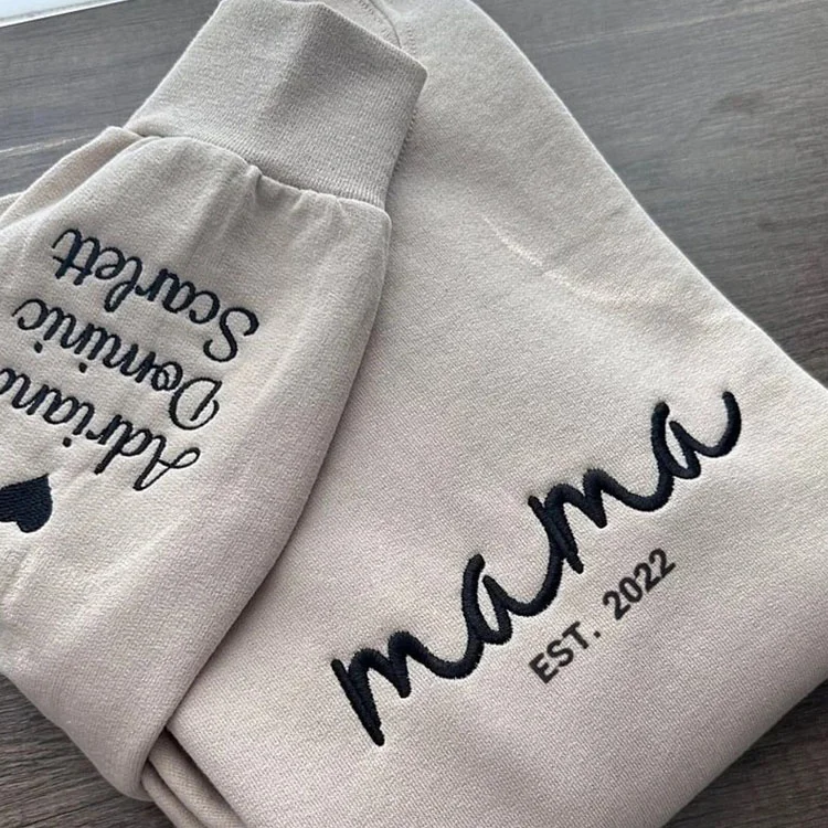 Custom Mama Embroidered Sweatshirt with Kids Names Sleeves