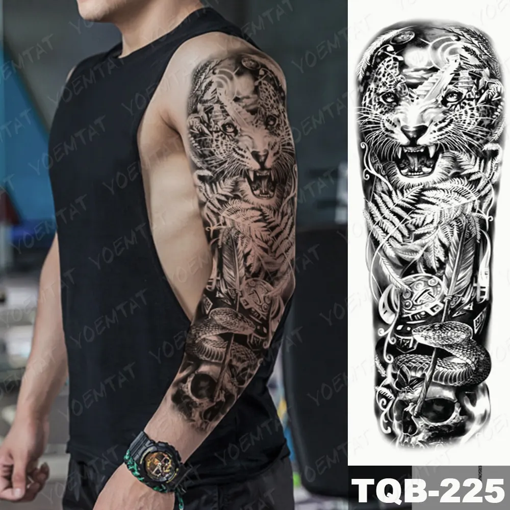 Sdrawing Arm Sleeve Tattoo Tiger Palm Lighthouse Waterproof Temporary Tatto Sticker Compass Beach Body Art Full Fake Tatoo Men