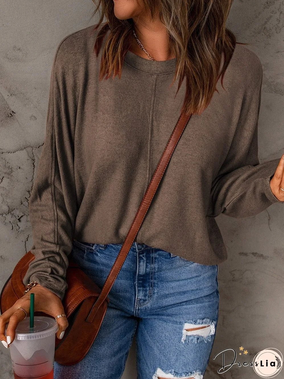 Brown Solid Color Crew Neck Long Sleeve Casual Top