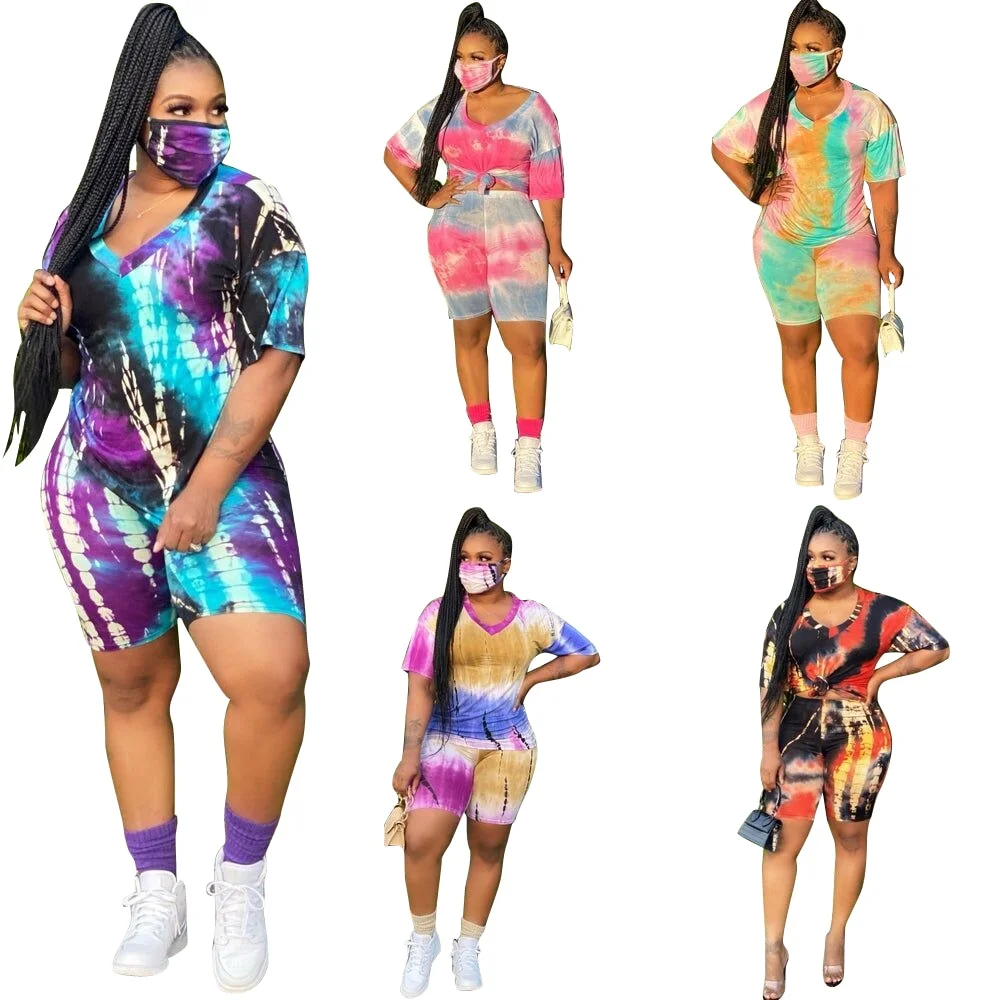 Tie Dye Sport Suits Sets Women 2Pieces Plus Size Tracksuit Fashion Short Sleeve T-Shirt+Biker Shorts Female Active Wear XL-4XL
