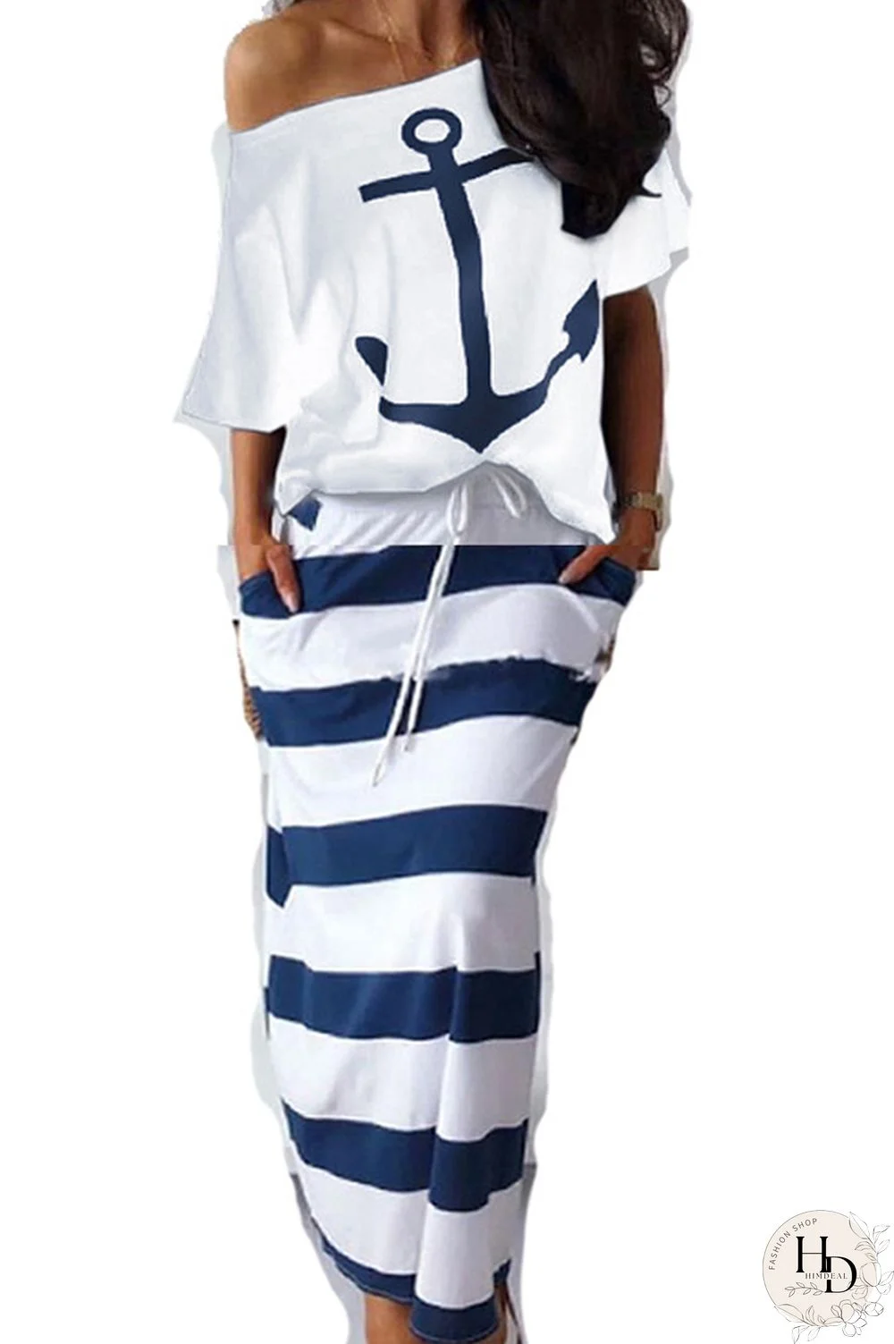 White and blue Polyester England Striped Geometric Letter Print bow-knot pencil Half Sleeve Two Pieces