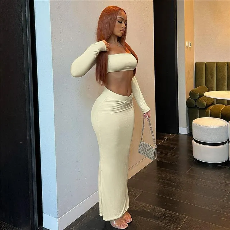 Uveng Uveng New Women's Fashion Square Collar Cord T-Shirt Slim Low Purse Hip Skirt Suit